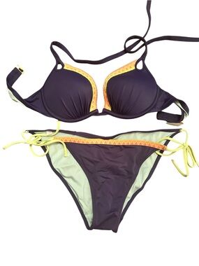Women’s Victoria’s Secret Dark Navy Neon Orange Accent Bikini Set Size L / 32D